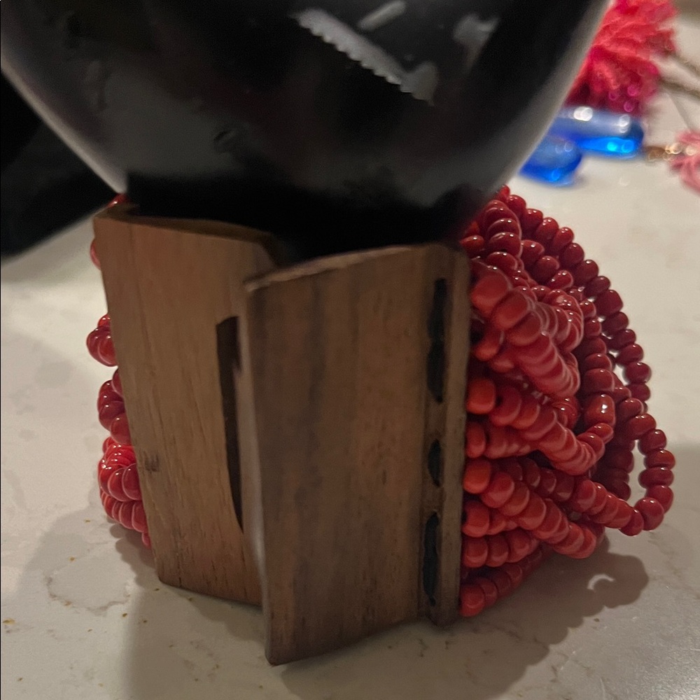 Red Beaded Bracelet with Wooden Accent